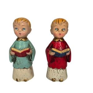 2 Mid-Century Christmas Carolers Choir Boy Figurines Chalkware 5" Tall In Box